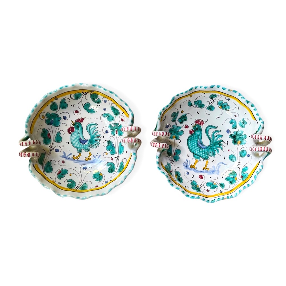 Set of 2 Deruta Majolica Vintage Orvieto Green Rooster Bowls